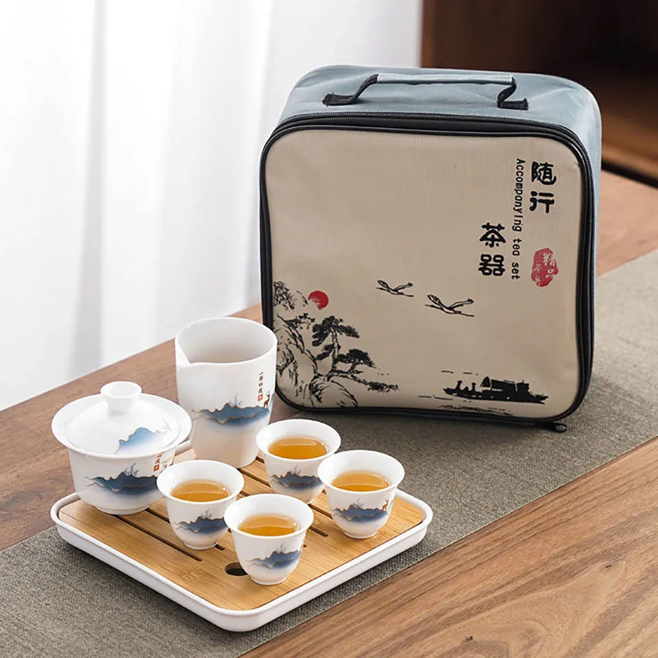 Gongfu Tea Set - セラミック中国カンフー茶セット、旅行キャンプに最適ポータブルガイワンティートレイ、ティーカップ4個付き、茶注入器