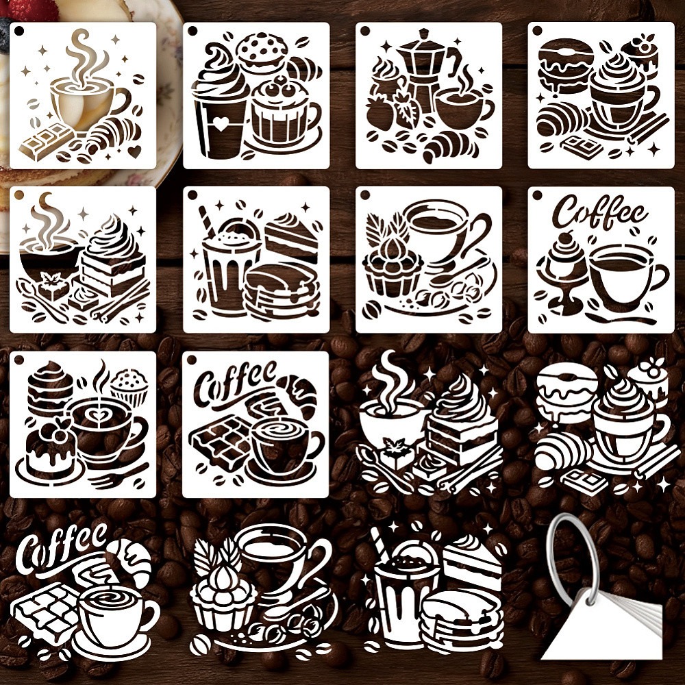 Draw Coffee And Tea - 10種類のデザインのコーヒー用ステンシル10枚セット、デザートやアフタヌーンティーの絵画用テンプレート、再利用可能なプラスチック製アートテンプレート