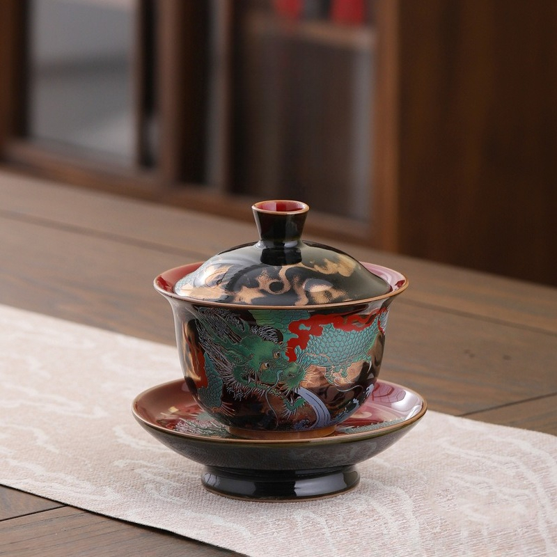 Gongfu Tea Set - クリエイティブレトロセラミックガイワンセットティーカップボウル中国色エナメルティーカップ磁器カンフーティーウェア三彩茶壺