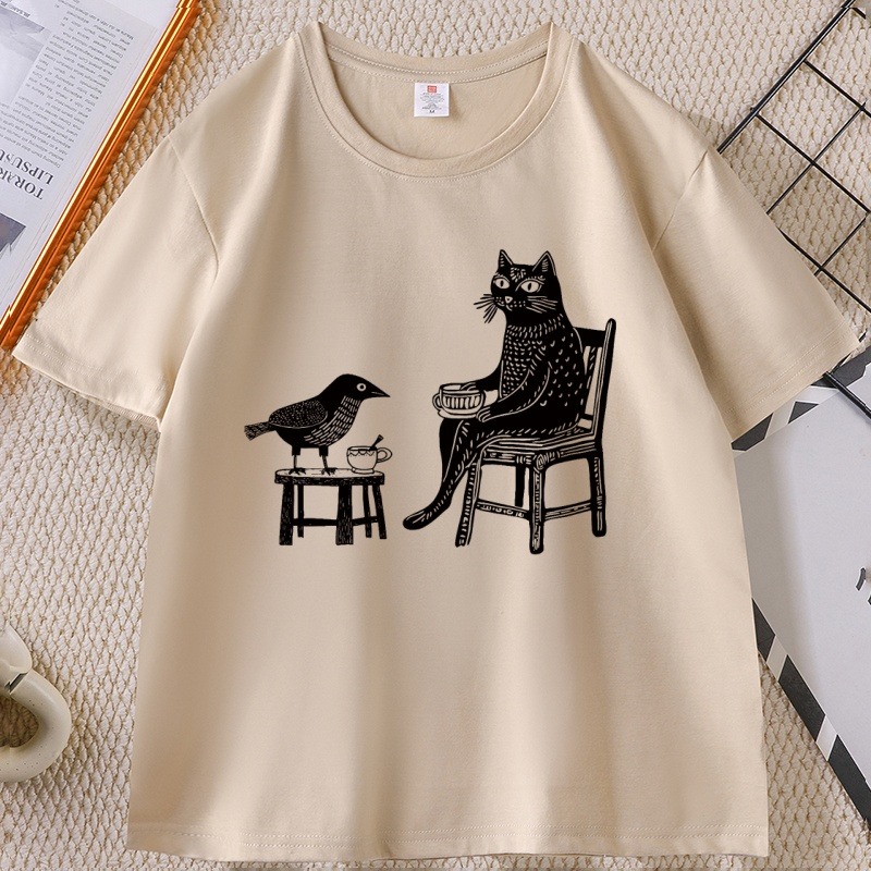 Draw Coffee And Tea - 友達と一緒にコーヒーと紅茶を飲むグラフィック Tシャツ女性用面白いヒップスター動物描画 Tシャツユニークな猫鳥 Tシャツストリートウェア