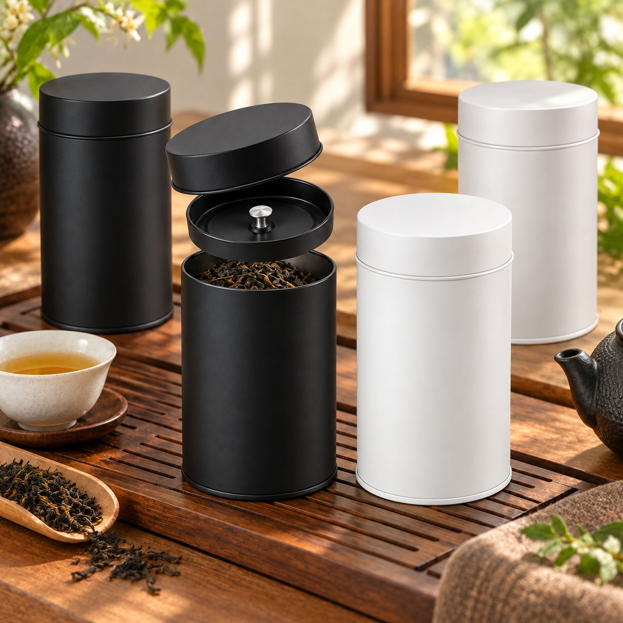 4個入りの茶筒。密閉式の二重蓋付きで、大量の金属製茶筒に適し - Coffee Tea Etc のレビューと価格