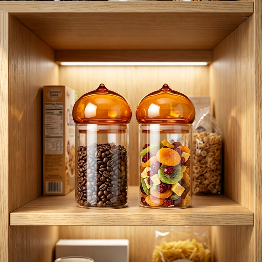 琥珀色の蓋が付いたガラス製保存容器。耐熱ガラス製で透明度が高 - Coffee Tea Leaf And Bean のレビューと価格