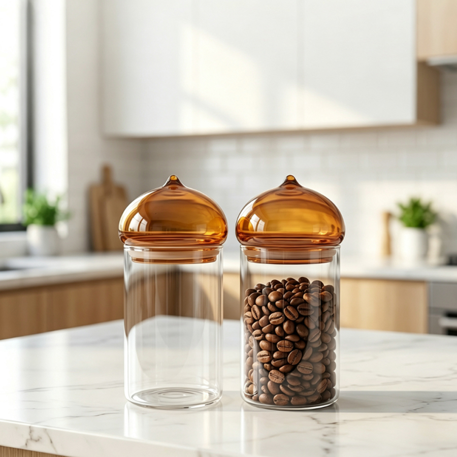 琥珀色の蓋が付いたガラス製保存容器。耐熱ガラス製で透明度が高 - Coffee Tea Leaf And Bean のレビューと価格