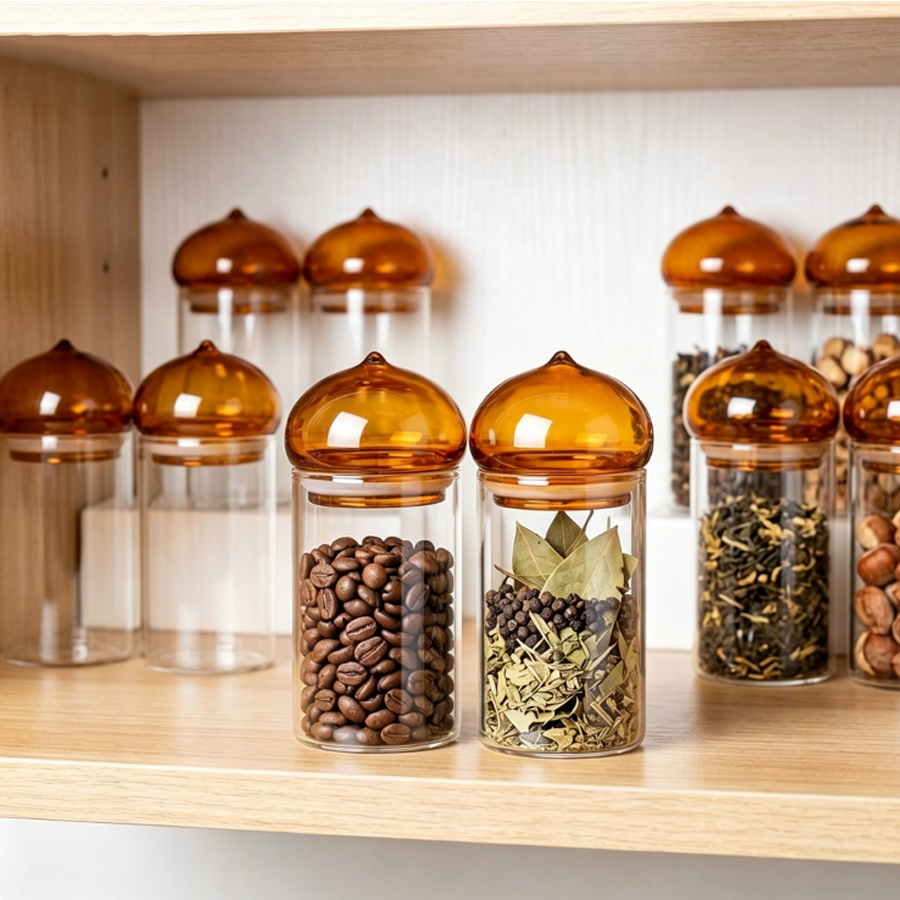 琥珀色の蓋が付いたガラス製保存容器。耐熱ガラス製で透明度が高 - Coffee Tea Leaf And Bean のレビューと価格